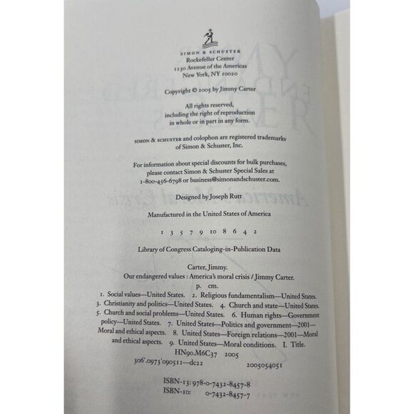 Jimmy Carter Signed Book Our Endangered Values Full Name Rare JSA COA - Picture 8 of 9
